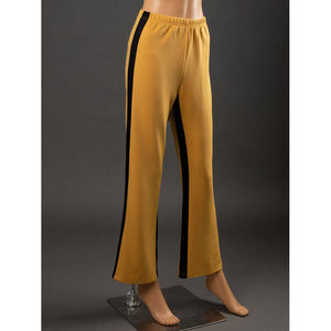 Angled view of The Bride Cosplay pants with elastic waistband, relaxed straight legs and black vertical side stripes