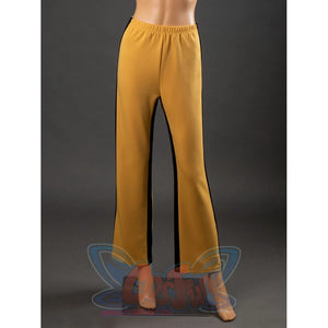 Front view of The Bride Cosplay pants with elastic waistband, straight yellow legs, black side stripes and stitched hems