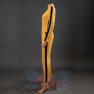 Side view of The Bride Cosplay tracksuit with black sleeve stripe, pant stripe and straight yellow hems