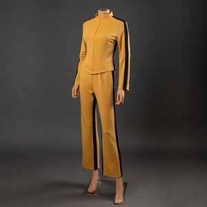 Three-quarter view of The Bride Cosplay tracksuit with stand collar, front zipper and black pant stripes
