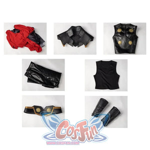 Thor Odinson cosplay costume set flat lay with the black outfit and red cape arranged beside the belt and wrist guards.