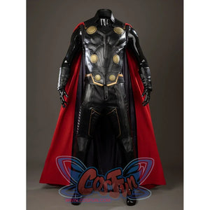 Thor Odinson cosplay costume front view without the optional hammer, showing the vest and red cape.