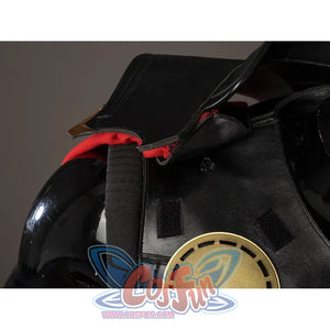 Thor Odinson cosplay shoulder detail with layered black panels above the red cape lining.