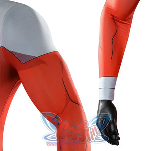 Side arm detail of Thragg cosplay costume from Invincible with gray shoulder panel, wrist cuff, and black glove