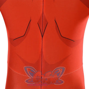 Back lower detail of Thragg cosplay costume from Invincible red jumpsuit with center seam and printed lines