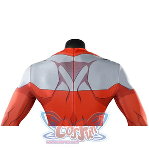 Back upper detail of Thragg cosplay costume from Invincible red jumpsuit with gray shoulder panels and line details
