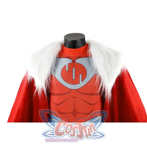 Close-up of Thragg cosplay costume from Invincible with red chest panel, gray emblem, and white shawl