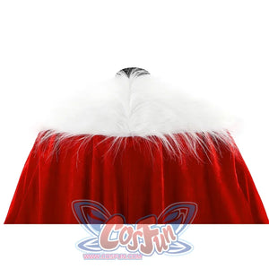 Back detail of Thragg cosplay costume from Invincible showing red cloak top and white fur-like shawl