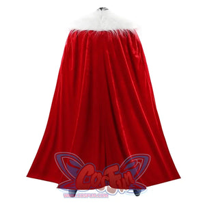 Back view of Thragg cosplay costume from Invincible with long red cloak, white shawl, and gray foot covers