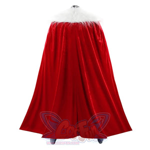 Back view of Thragg cosplay costume from Invincible with long red cloak, white shawl, and gray foot covers