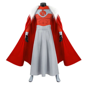Front view of Thragg cosplay costume from Invincible with red cloak, white shawl, gray waist belt, and gloves