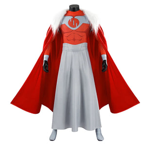 Front view of Thragg cosplay costume from Invincible with red cloak, white shawl, gray waist belt, and gloves