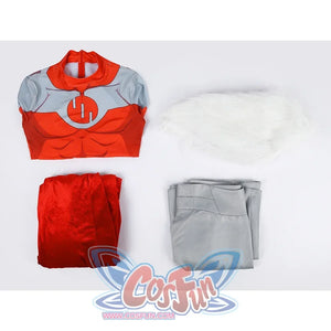 Flat lay of Thragg cosplay costume from Invincible with red jumpsuit, white shawl, cloak, and gray waist piece