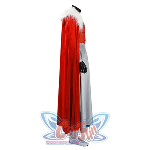 Side view of Thragg cosplay costume from Invincible showing red cloak, white shawl, gray waist piece, and glove
