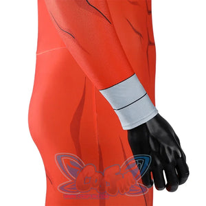 Hand detail of Thragg cosplay costume from Invincible with red sleeve, gray wrist cuff, and black glove