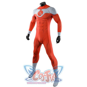 Angled view of Thragg cosplay costume from Invincible red jumpsuit with gray panels, gloves, and foot covers