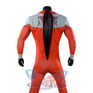 Back detail of Thragg cosplay costume from Invincible red jumpsuit with gray shoulders and black center opening