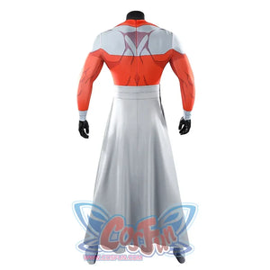 Back view of Thragg cosplay costume from Invincible without cloak, showing red jumpsuit and gray waist belt