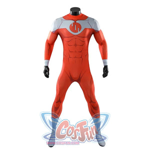 Front view of Thragg cosplay costume from Invincible red jumpsuit with gray shoulders, gloves, and foot covers