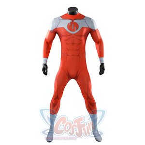 Front view of Thragg cosplay costume from Invincible red jumpsuit with gray shoulders, gloves, and foot covers