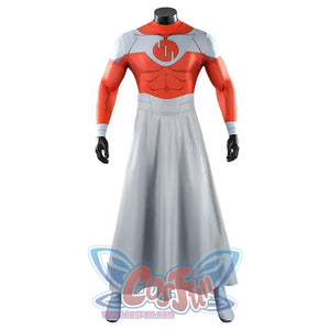 Front view of Thragg cosplay costume from Invincible without cloak, showing red jumpsuit and gray waist belt