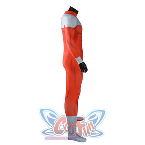 Side view of Thragg cosplay costume from Invincible red jumpsuit with gray shoulder, wrist cuff, and foot cover