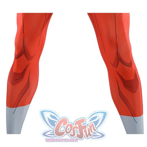 Leg detail of Thragg cosplay costume from Invincible red jumpsuit with gray ankle and foot cover sections