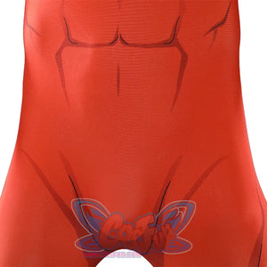 Lower torso detail of Thragg cosplay costume from Invincible red jumpsuit with printed seam lines