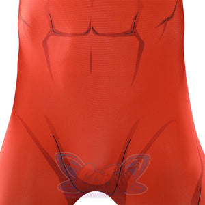 Lower torso detail of Thragg cosplay costume from Invincible red jumpsuit with printed seam lines