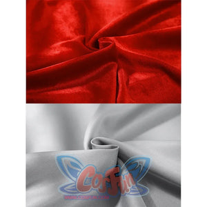 Fabric close-up of Thragg cosplay costume from Invincible showing shiny red fabric and gray fabric texture