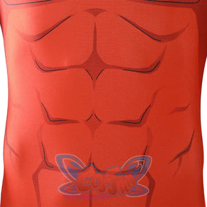 Front torso detail of Thragg cosplay costume from Invincible red jumpsuit with printed muscle line shading