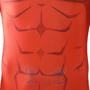 Front torso detail of Thragg cosplay costume from Invincible red jumpsuit with printed muscle line shading