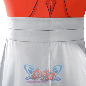 Back waist detail of Thragg cosplay costume from Invincible with red suit and wide gray belt piece