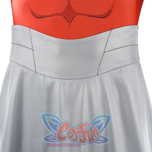 Close-up of Thragg cosplay costume from Invincible waist with red abdomen and wide gray belt piece