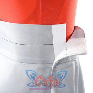 Side waist detail of Thragg cosplay costume from Invincible with gray belt piece over red jumpsuit