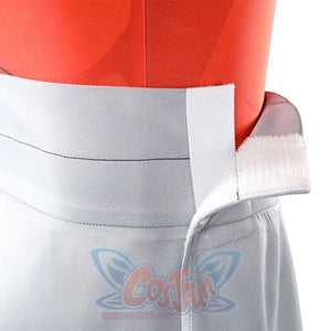 Side waist detail of Thragg cosplay costume from Invincible with gray belt piece over red jumpsuit