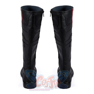 Thunderbolts John Walker cosplay boots are pairs of black matte PU leather boots viewed from the rear.