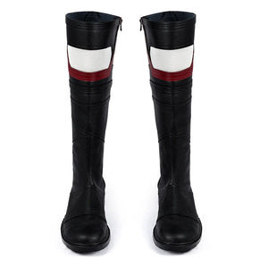 COSFUN Thunderbolts John Walker cosplay boots in black leather with distinctive white and red stripes.