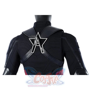 Thunderbolts John Walker cosplay costume back view with a distinct silver star-A logo over a dark navy vest.