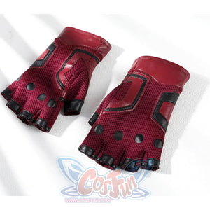 Thunderbolts John Walker cosplay costume pairs red and black mesh fingerless gloves with black accents.