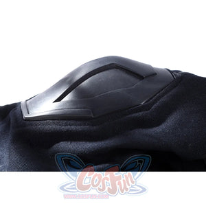Thunderbolts John Walker cosplay costume centers a hard black shell armor piece on dark fabric.