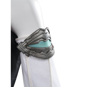 Tifa cosplay costume anchors a sculpted faux leather arm guard with integrated ribbed fabric and metallic layered plates.