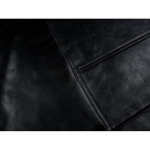 Tifa cosplay costume traces precise lines across smooth black faux leather segments with reinforced structural stitching.