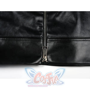 Tifa cosplay costume traces the silver-tone metal teeth of a central zipper fastener set against smooth black faux leather.