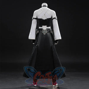 Tifa cosplay costume traces the back silhouette with detailed armor accents layered over a black faux leather long skirt.