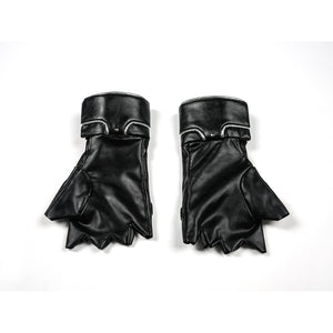 Tifa cosplay costume anchor two black faux leather fingerless gloves that trace silver-tone metallic edges across the wrist.