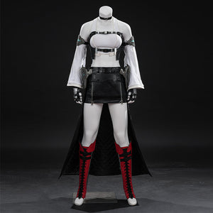 COSFUN Tifa cosplay costume gathers a white ribbed top beneath a faux leather vest with attached armor and a long back cape.