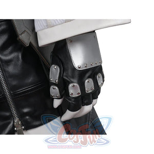 Tifa cosplay costume anchors metallic silver-tone armor plates over black faux leather glove finger sections and knuckles.