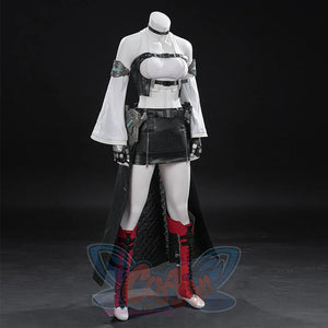 Tifa cosplay costume layers a ribbed top with a buckled vest and faux leather armor accents over a short skirt set.