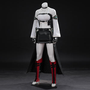 Tifa cosplay costume layers a black vest over a ribbed white top while pairing a faux leather skirt with red lace-up boots.